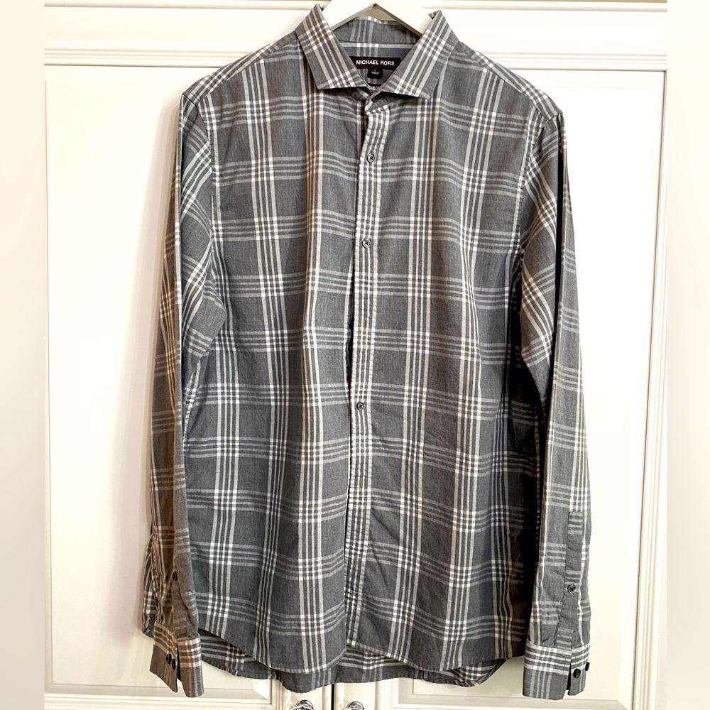 Michael Kors Men’s Grey + White Check Button Up Long Sleeve Shirt NWOT Size L